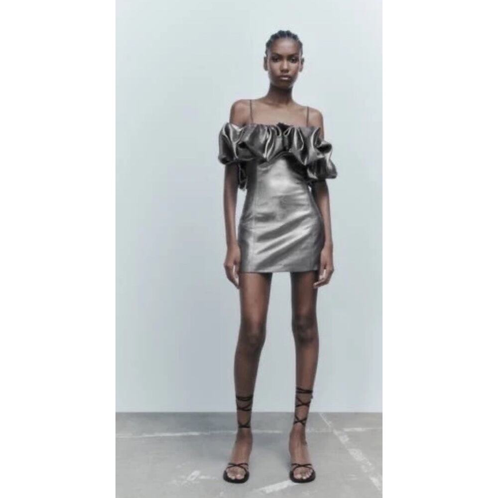 Zara Silver Large Ruffle Mini Dress Blogger Fav Large NWOT Holiday Party 17-308